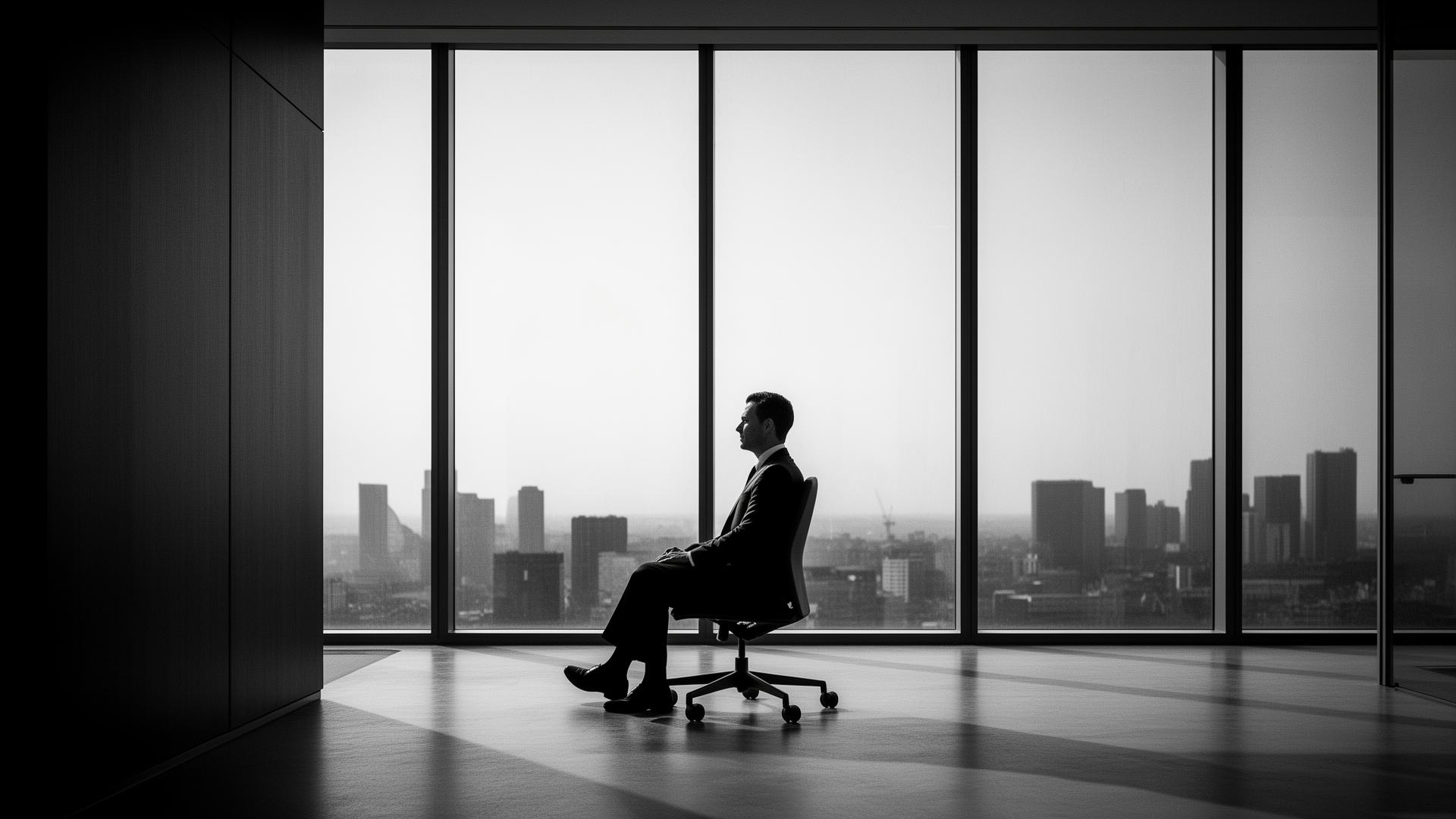 Executive in reflective moment by floor-to-ceiling windows